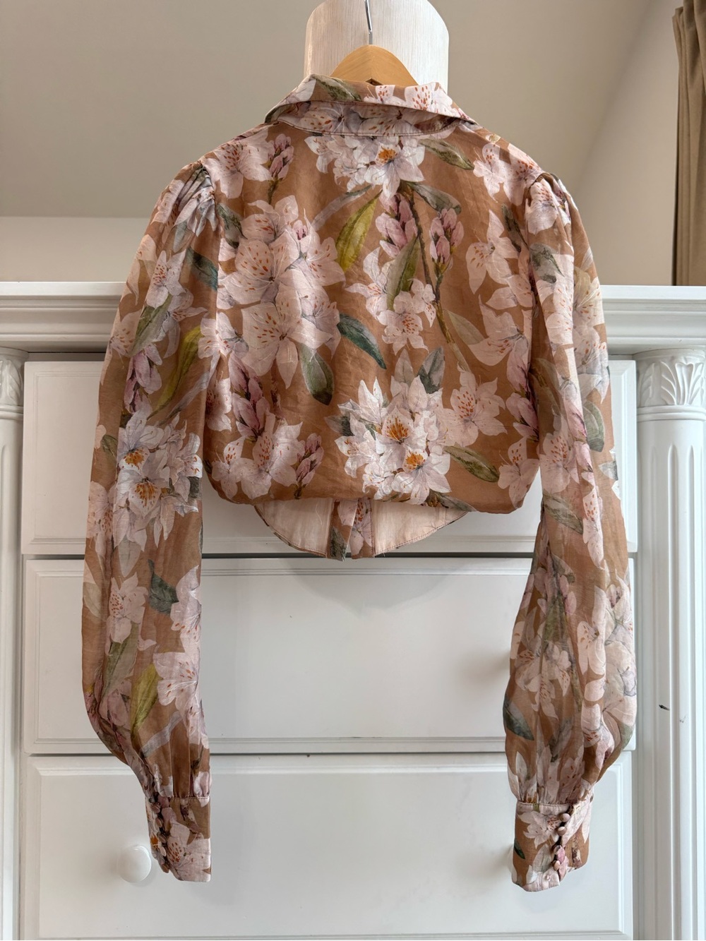 Bardot Sheer Floral Puff-Sleeve Blouse in Pink and Brown - Picture 7 of 15